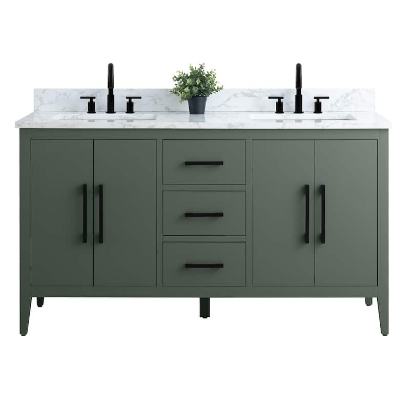 Vanity Art 60" Double Sink Bathroom Vanity Cabinet with Engineered Marble Top