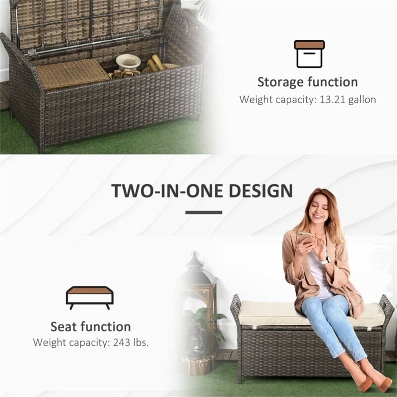 Brown Rattan Outdoor Storage Bench with Cushion and Steel Frame for Poolside or Garden Seating - 43.25" W x 17.75" D x 20.25" H