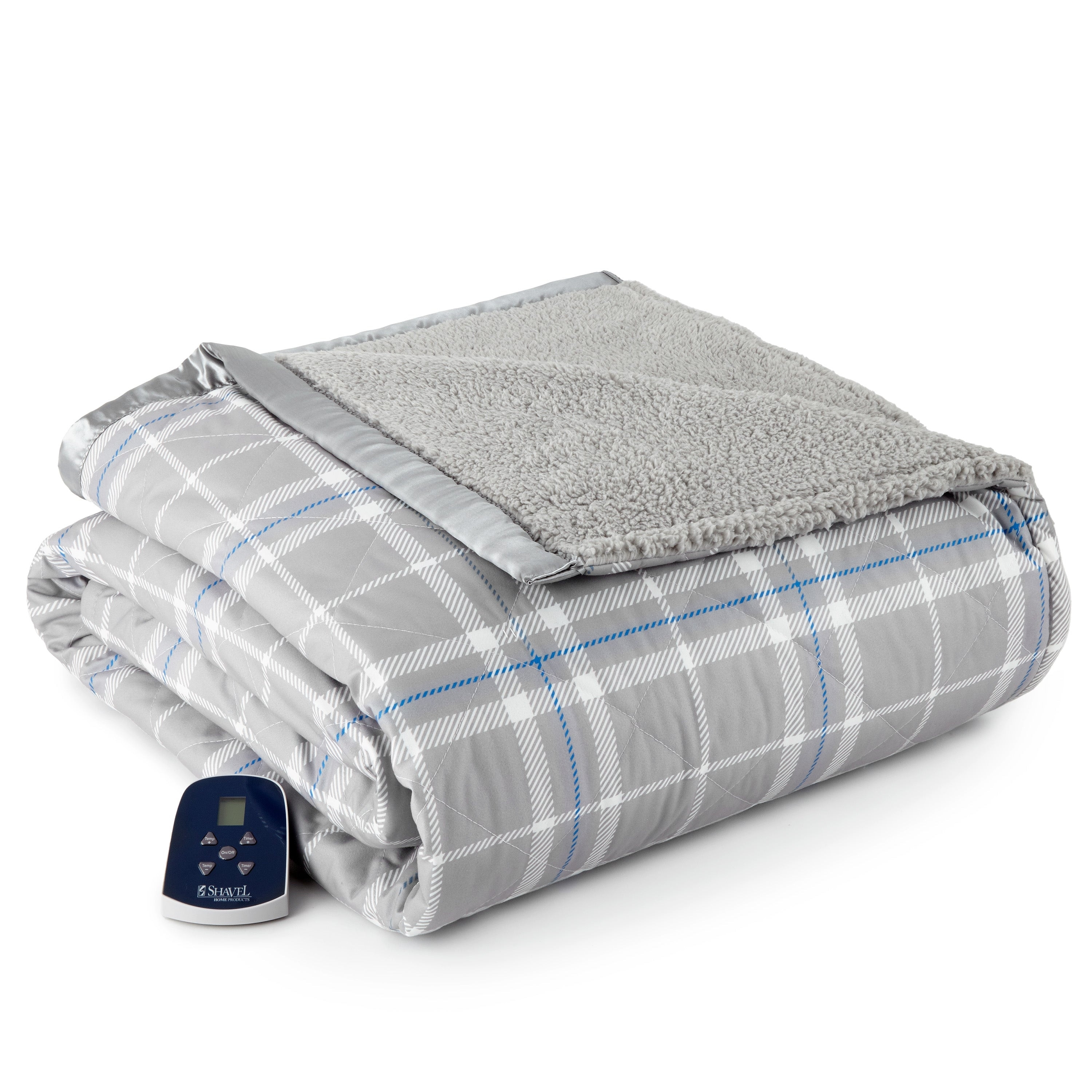 Shavel Quilted Micro Flannel Sherpa 6 layer Heated Electric Blanket Queen Carlton Plaid Gray