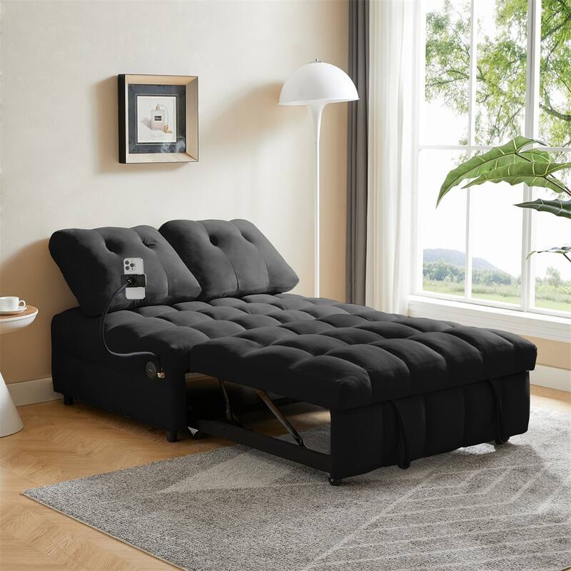 Velvet Pull Out Sofa with Removable Backrest,USB Port and Phone Stand - Black