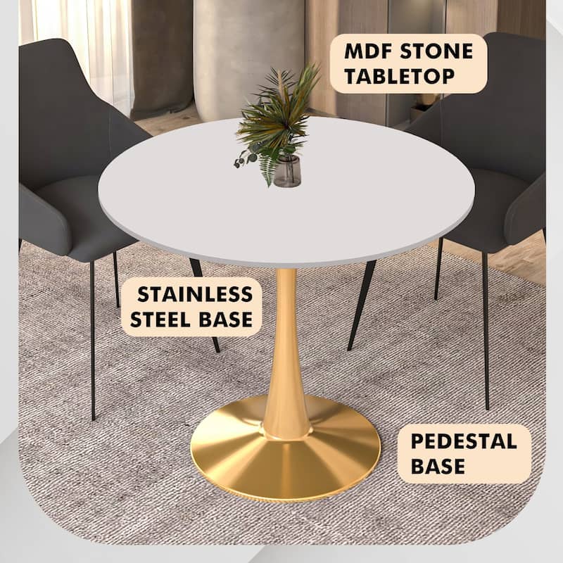 Bristol 31-inch Round Dining Table, Gold Pedestal Base Kitchen Table, Easy-Clean Scratch Resistant Surface, Floor Protectors