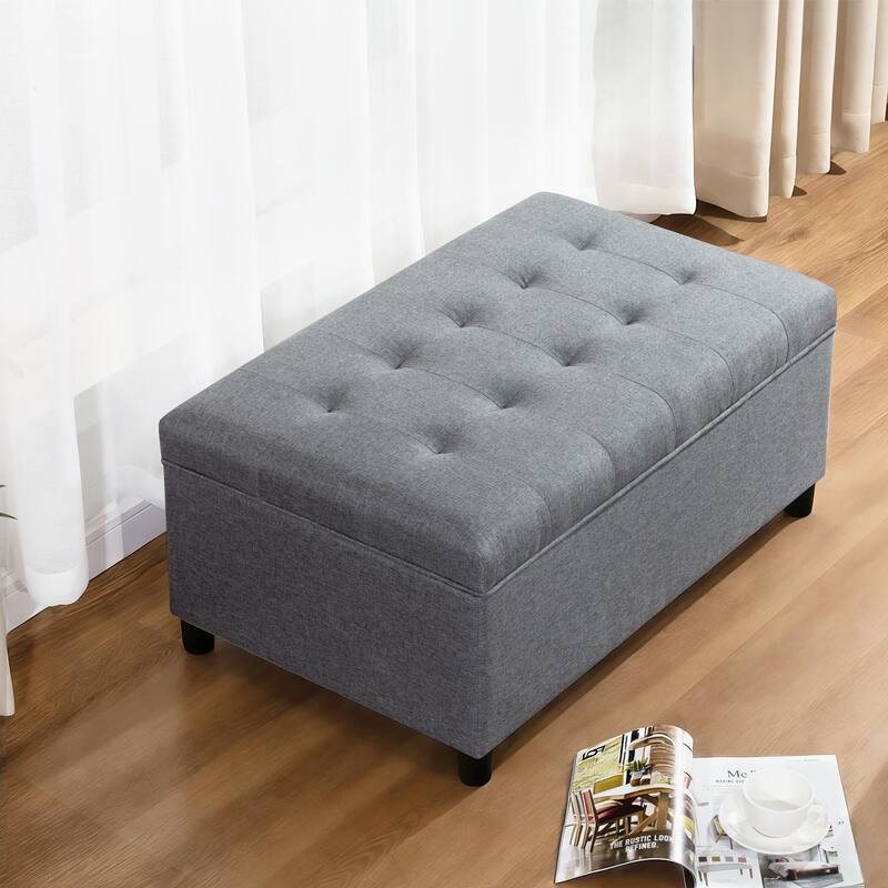 Adeco 35" Tufted Rectangular Storage Ottoman Bench - Light-Grey-Linen