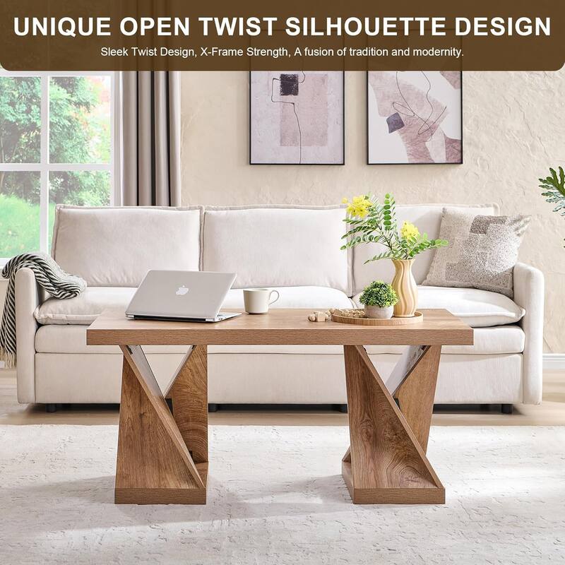 Modern Coffee Table, Twisted Center Table with Wood Thickened Pedestal