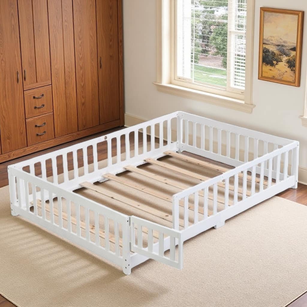 Full Size Floor Bed with Safety Guardrails & Door, Solid Pine Wood Platform Frame for Children, Low Profile Design