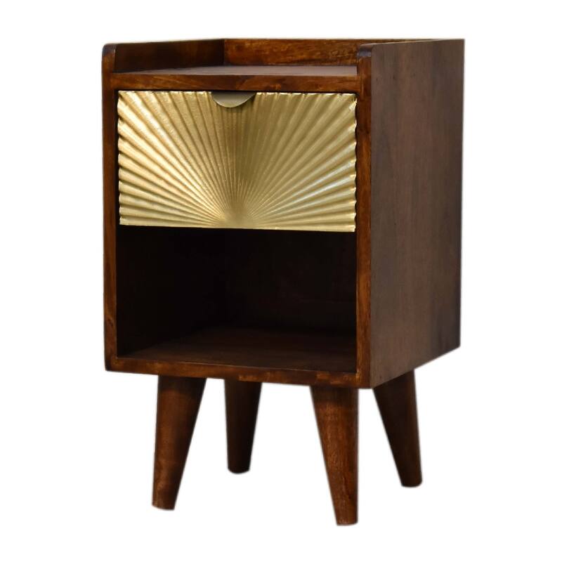 Dark Brown Solid Wood Mini Nightstand with Nordic Legs and Brass Drawer