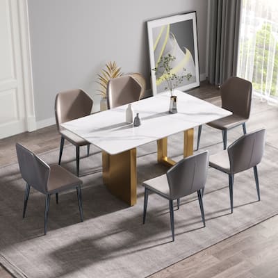 63"Modern artificial stone white straight edge metal leg dining table -6 people