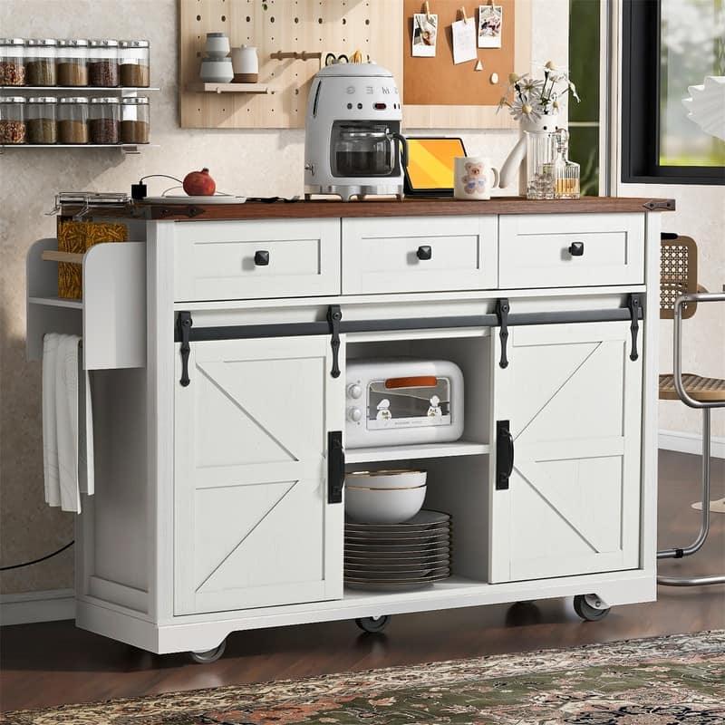 Farmhouse Kitchen Island with Power Outlet and 2 Sliding Barn Door, Rolling Kitchen Cart on Wheels with Drop Leaf and Spice Rack
