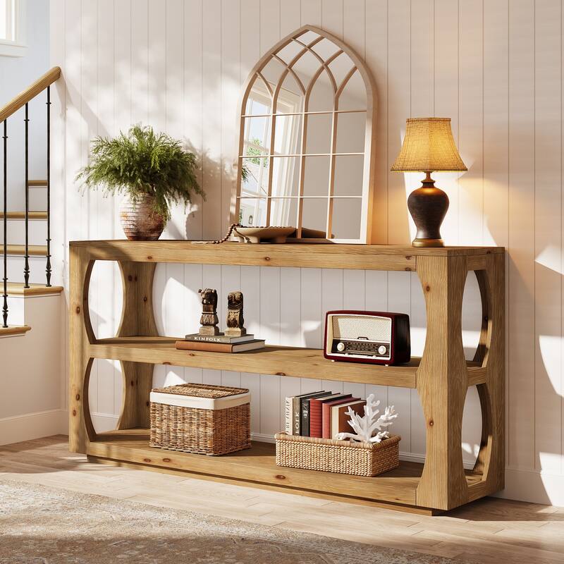 63" Solid Wood Console Table with 3-Tier Storage - Light Brown