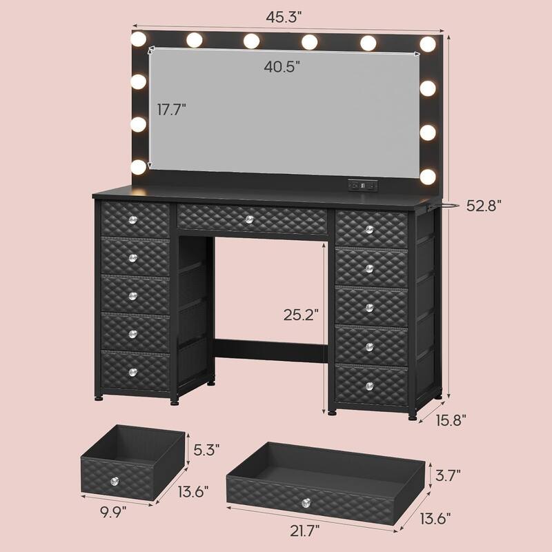 Vanity with Extra Large Mirror and Lights Power Strip 3 Color Modes