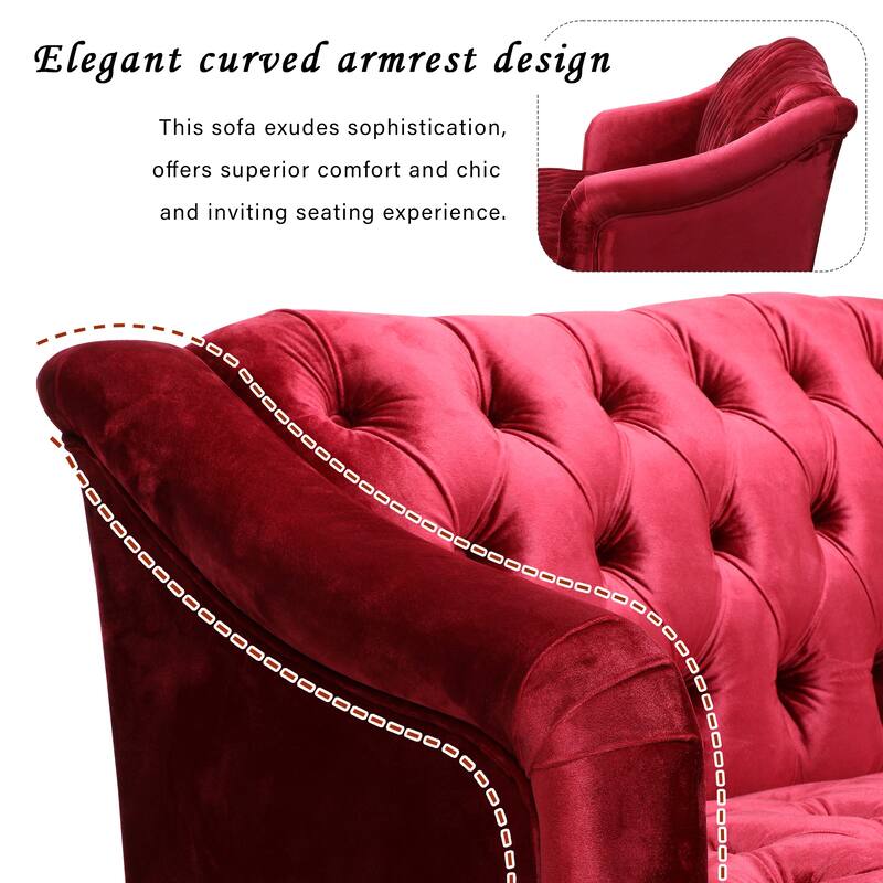 Contemporary 3-Seater Sofa with Button Tufted PU Upholstery and Birch Wood Legs