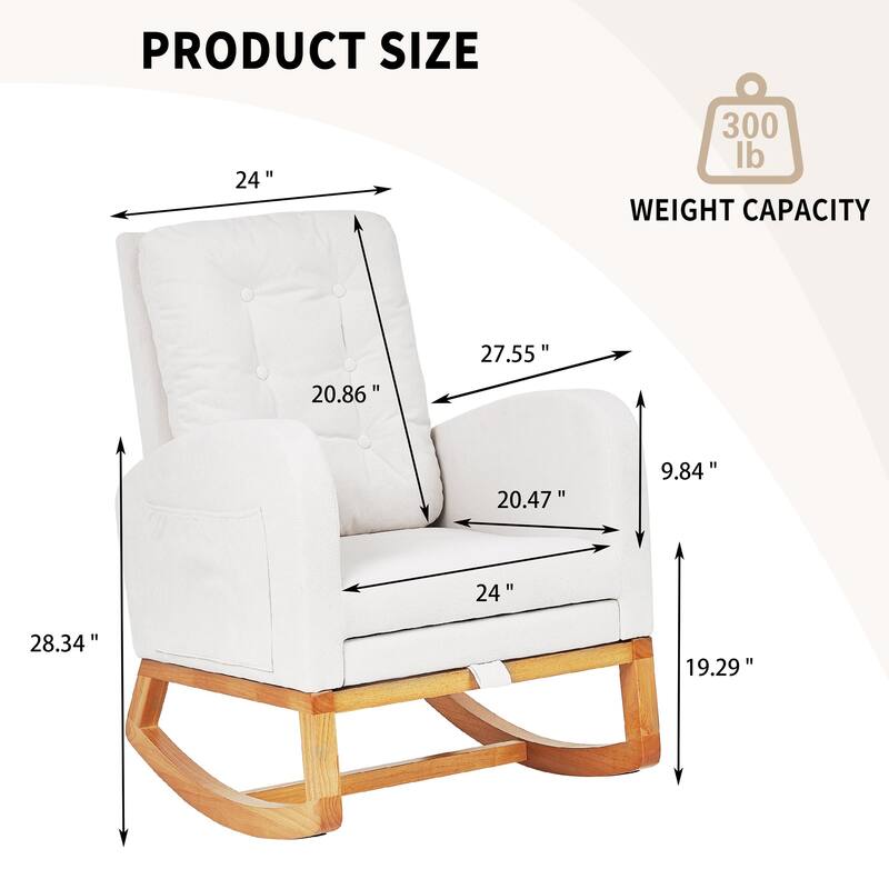 Javlergo Small Space Rocking Chair with Pull-Out Pedals Solid Wood Legs Glider Chair for Nursery with Two Side Storage Pockets