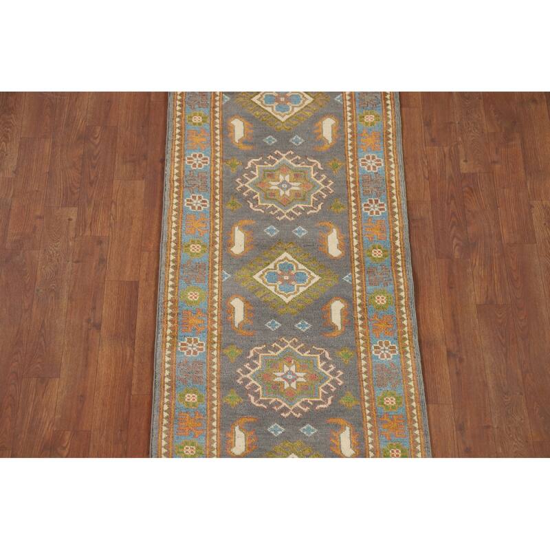 Gray Geometric Kazak Oriental Runner Rug Handmade Grey Wool Carpet - 2'1" x 10'1"