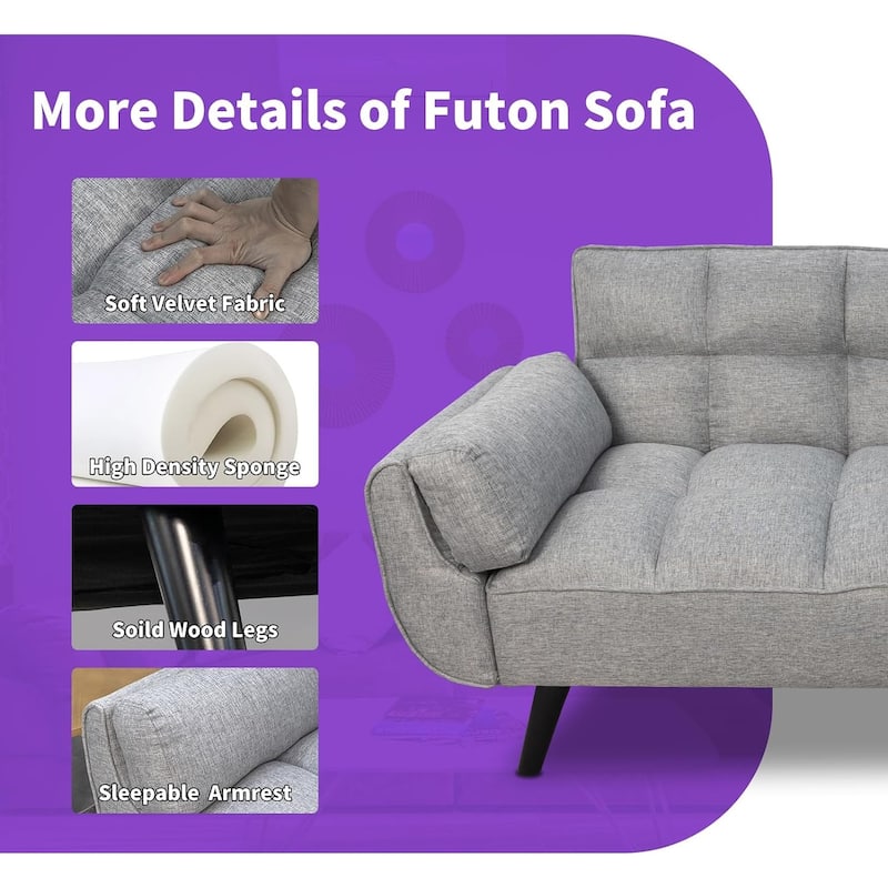 75.39 IN. Futon Sofa Bed, Convertible Upholstered Couch Sleeper with Reclining Sleeper Split Tufted Back