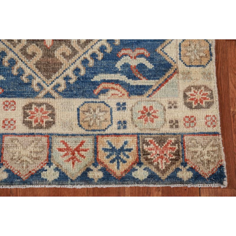 Hand Knotted Oriental 100% Wool Carpet Transitional Geometric Navy Blue & Blues Oushak Runner Rug - 9' 11'' X 2' 7''