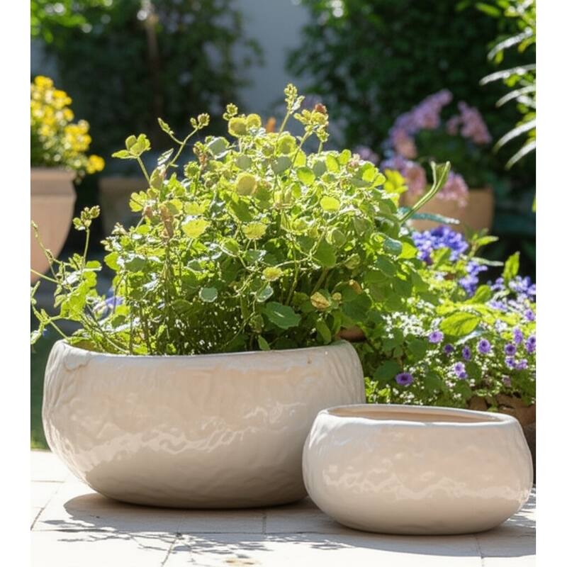 Stoneware Planters Modern Rounded Design and Texture Detail (Set of 2) - 12" x 12" x 5"
