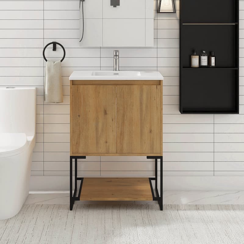 Freestanding Bathroom Vanity Set in Oak with Integrated Solid Surface Sink - 24" x 19" - Oak