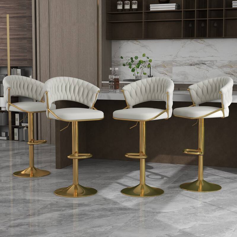 Set of 4 Modern Velvet Adjustable Bar Stools with Backs - Set of 4 - Ivory