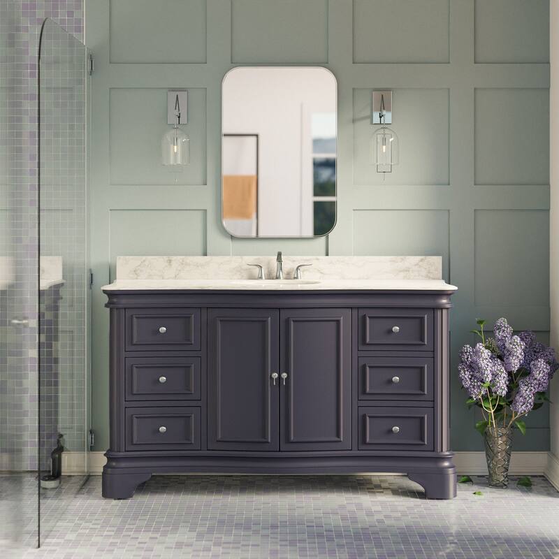 KitchenBathCollection Katherine 60" Single Bathroom Vanity with Carrara Marble Top - Marine Gray