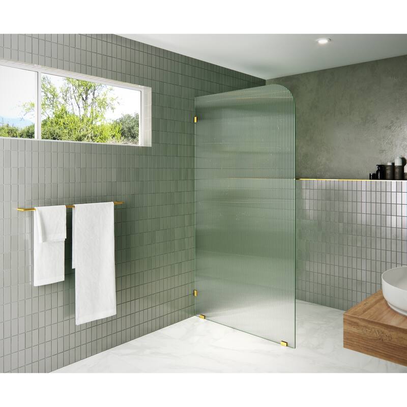 Glass Warehouse 40" x 78" Frameless Shower Door - Single Fixed Panel Fluted Frosted Radius - 40 Inch - Left - Satin Brass