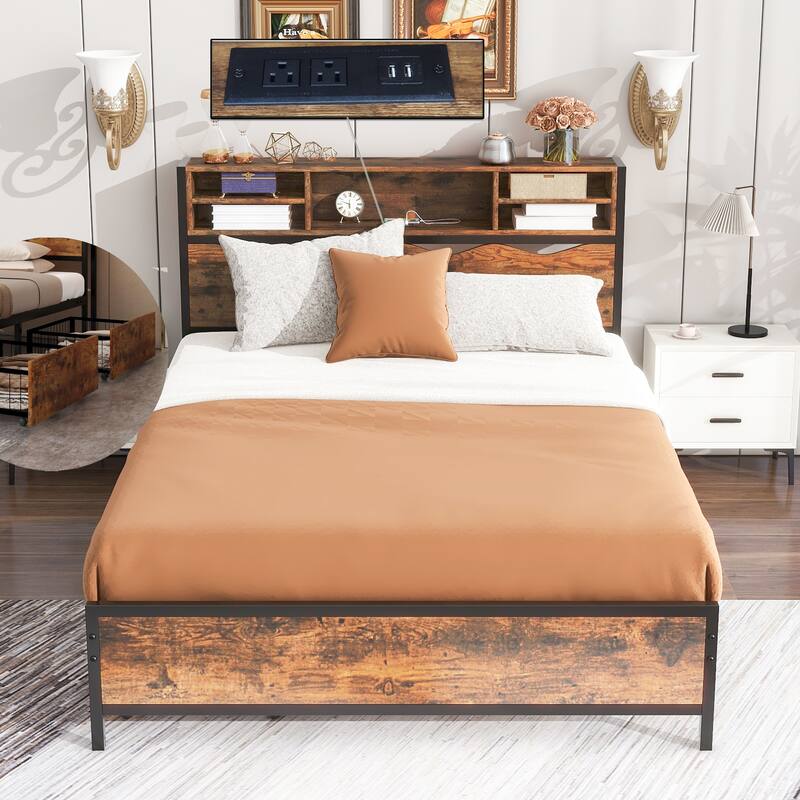 Metal Full&Queen Size Storage Bed Frame Wood Headboard and Footboard