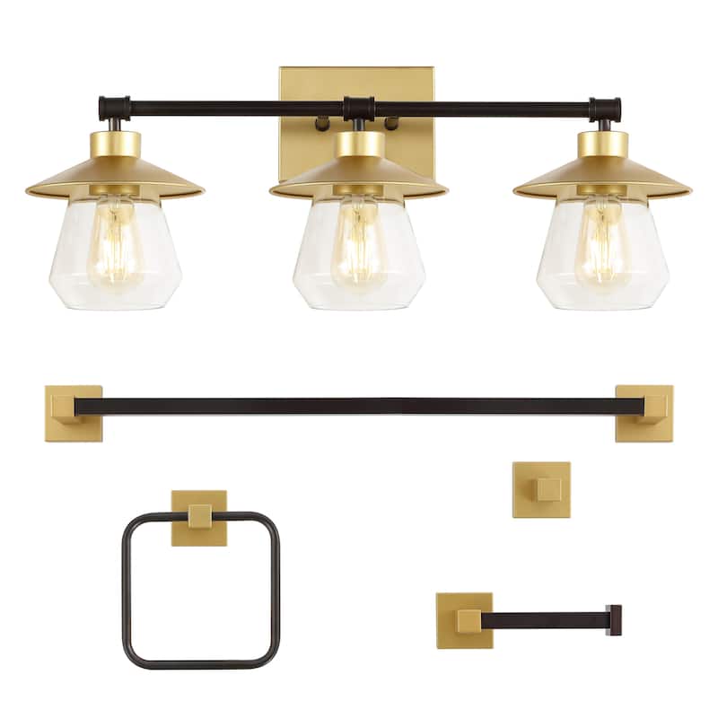 Ellis 26" 3-Light Farmhouse Cottage Vanity Light with Bathroom Hardware Accessory Set, (5-Piece) by JONATHAN Y - Gold Painting/Oil Rubbed Bronze
