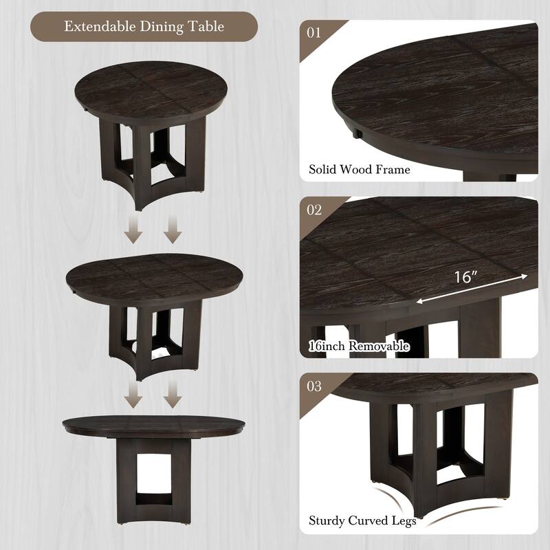 Extendable Round Dining Table Set for 4, 5-Piece Kitchen Table Set with 4 Upholstered Chairs and 16inch Removable Leaf