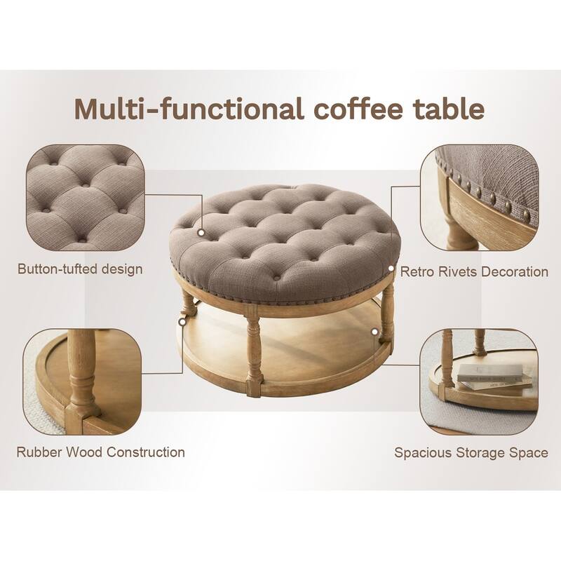 HUIMO 33in Round Upholstered Solid Wood Ottoman Coffee Table with Storage Shelf