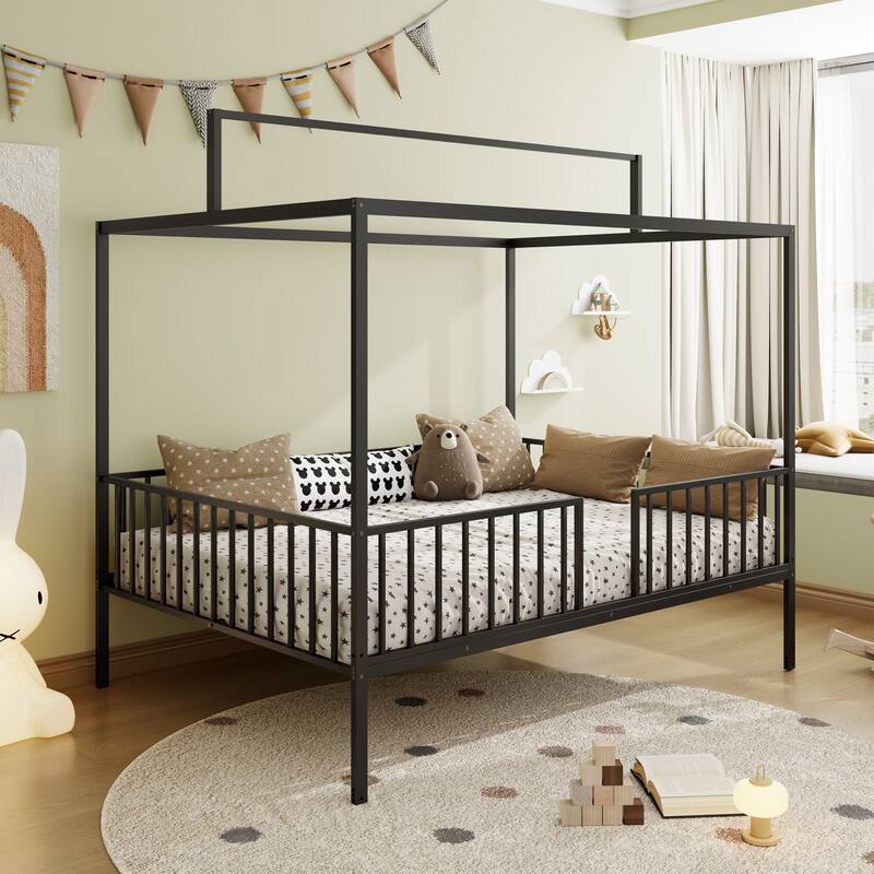 3-in-1 Convertible Metal Bed for Kids, Toddler Floor Bed, Fenced Bed and Montessori Elevated Bed with House-shaped Frame