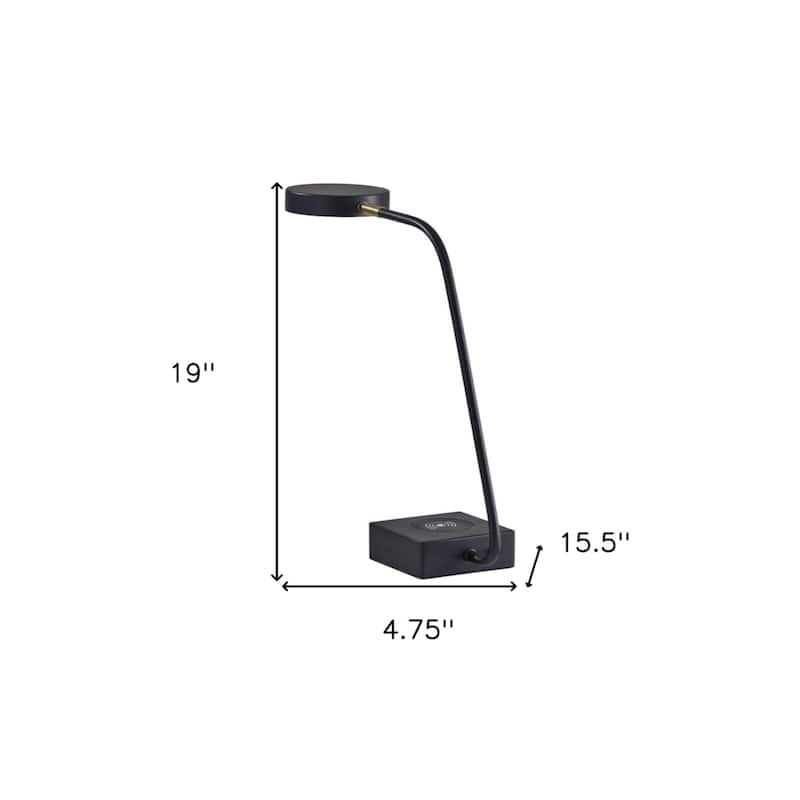 Matte Black Metal Desk Lamp with Antique Brass LED, USB and Wireless Charging - 15.5” x 4.75” x 19” (D x W x H)