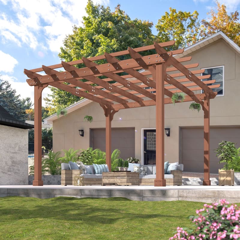 VEIKOUS Outdoor Cedar Wood Pergola Gazebo Kit with Flat Roof Trellis for Patio, Deck, Garden and Backyard - 12'×12'