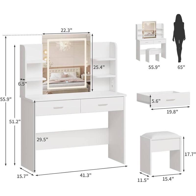 Vanity Desk with Lighted Mirror and 6 Storage Shelves