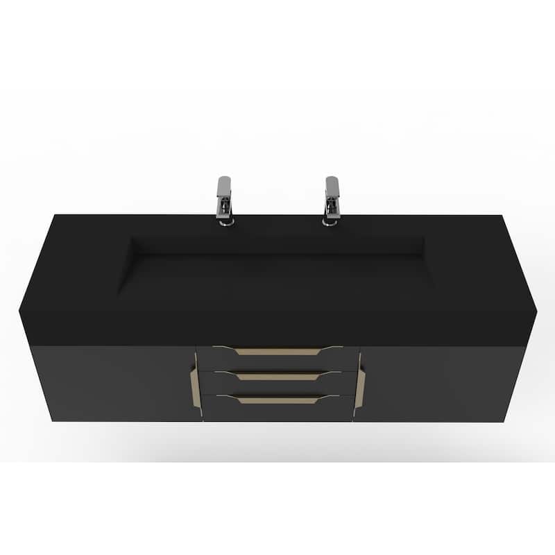 Nile 60" Wall Mounted Bathroom Vanity Set w/ Black Top