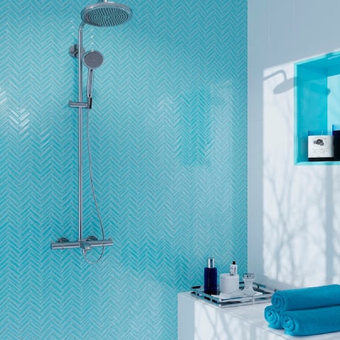 Apollo Tile 5 Pack 11-in x 12.6-in Tiffany Blue Herringbone Glossy Finished Glass Mosaic Wall and Floor Tile (4.92 sq ft/case)