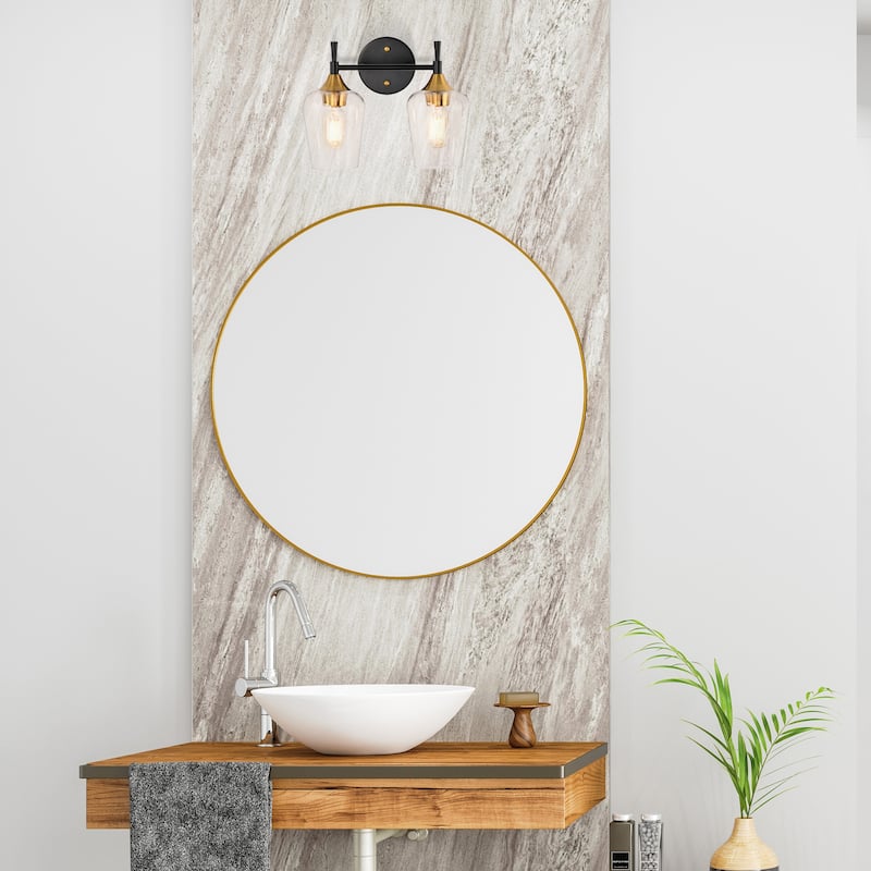 Black and Antique Brass 2-Light Vanity Light with Clear Wine Glass Shades