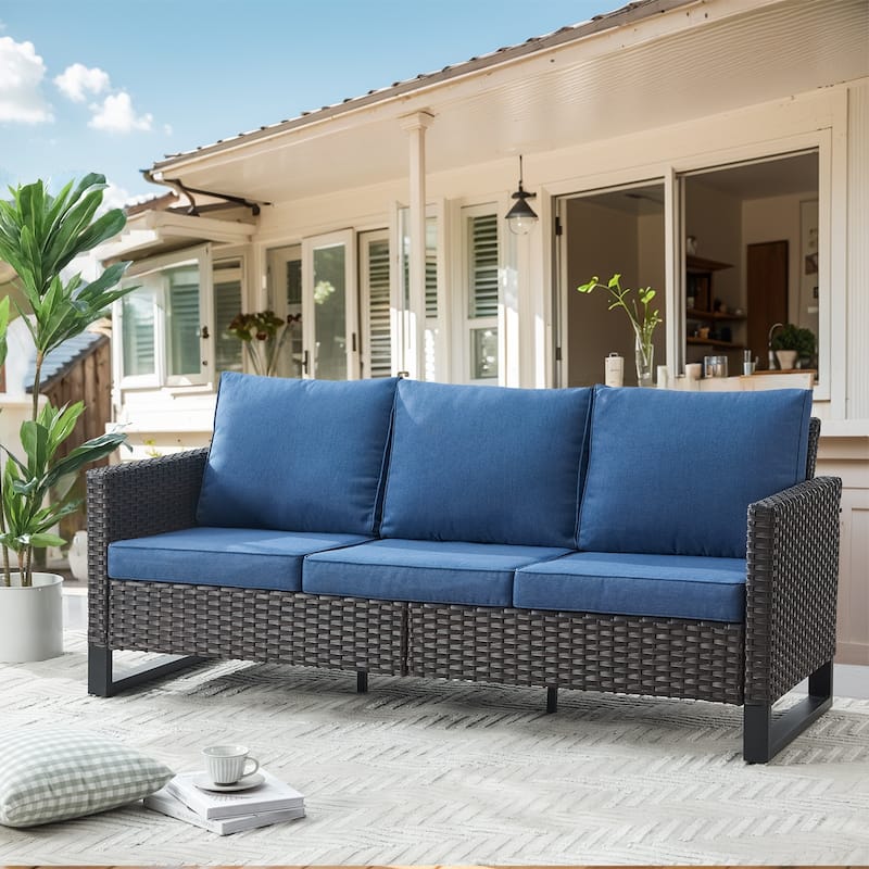 3-Seat Patio Wicker Sofa with Deep Seat - Brown - Blue