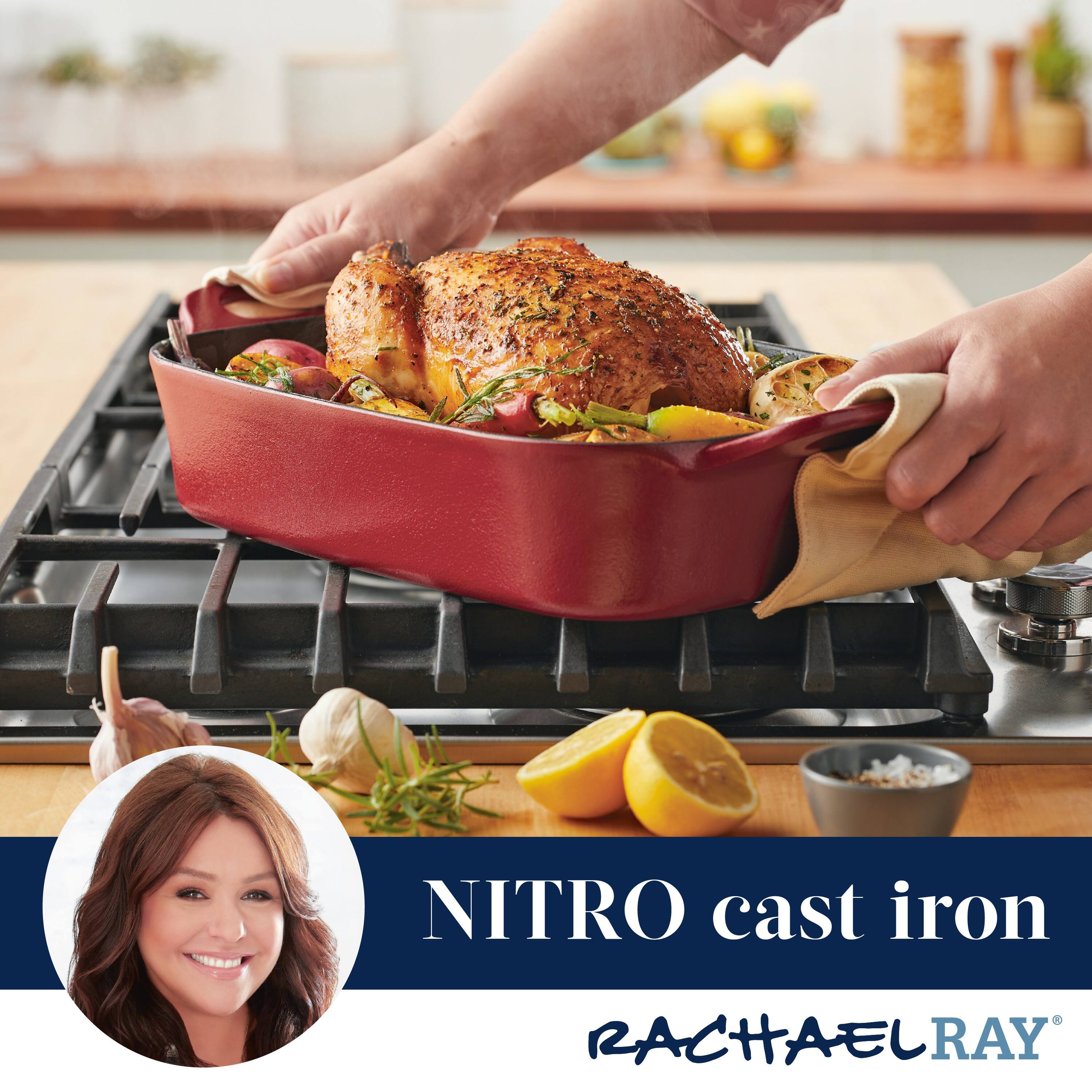 Rachael Ray NITRO Cast Iron Roasting Pan, 9Inch x 13Inch, Agave Blue