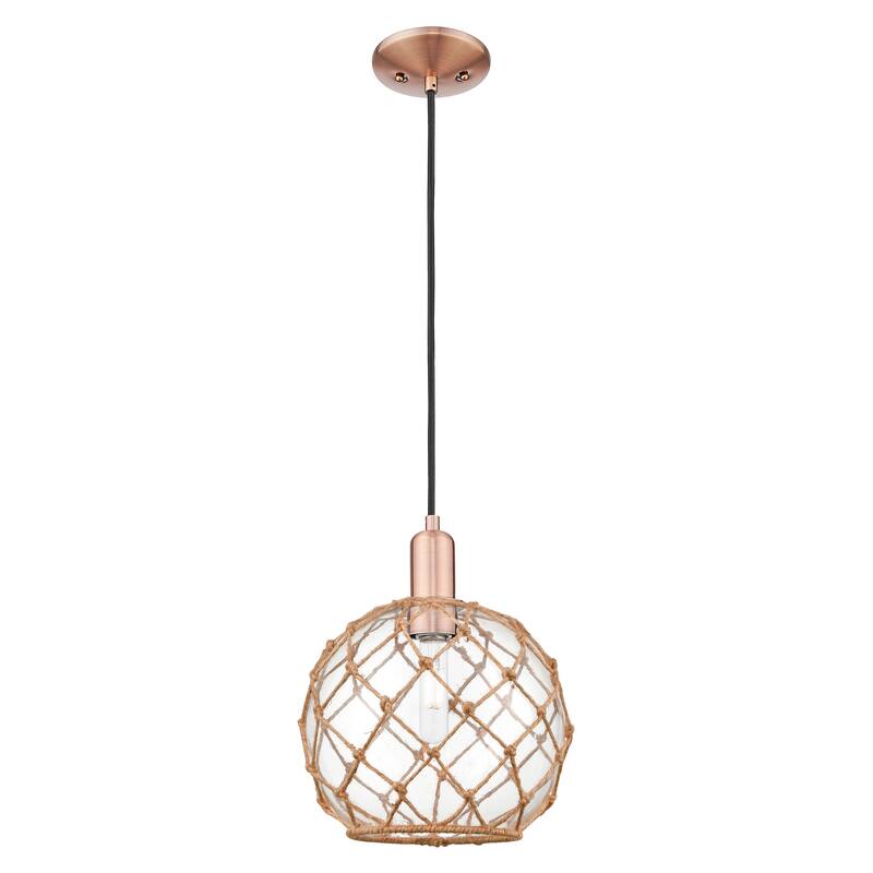 Innovations Lighting Endless Possibilities Arcadia - Farmhouse Rope - 1 Light 10" Cord Hung Mini Pendant - Clear Glass with Brown Rope/Antique Copper