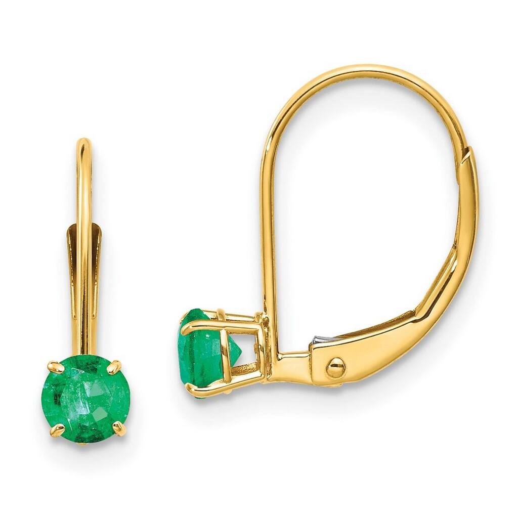 Curata 14k Yellow Gold 4mm Round Genuine Emerald Leverback Earrings