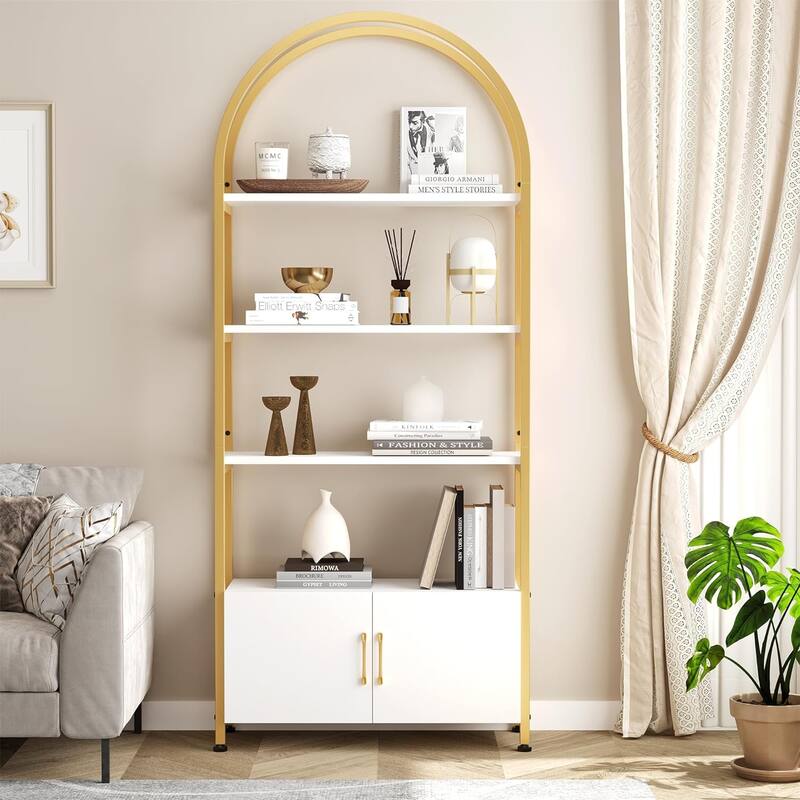 5 Levels Bookcase, Arched Shelf with Doors - 11D*31.5W*71.5H