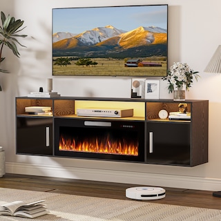 BOSSIN 70" Floating TV Stand with 36" Electric Fireplace, High Gloss Finish Wall Mounted Fireplace TV Stand with Storage