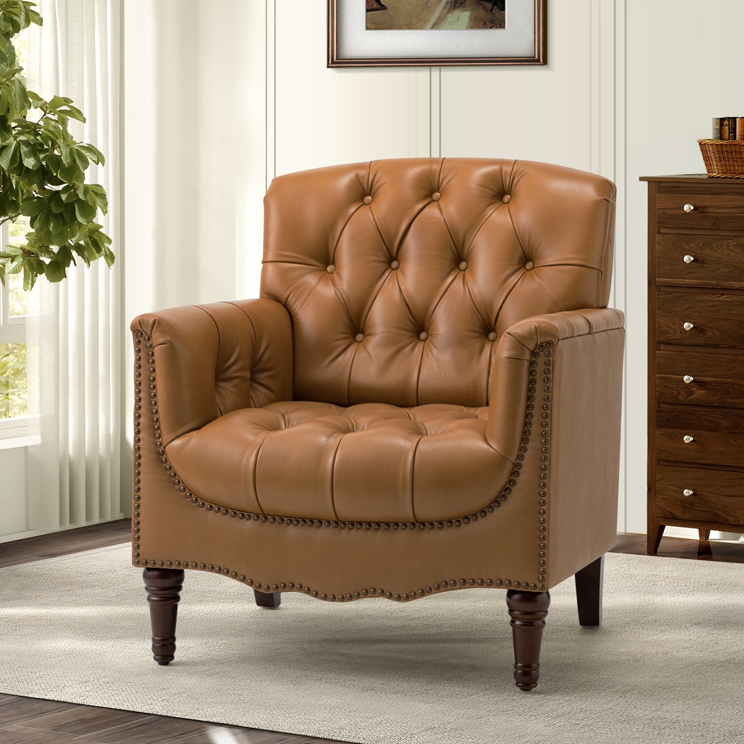 Wemer Traditional Genuine Leather Armchair with Button Tufted Back  by HULALA HOME