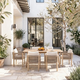 Outdoor Dining Set 7-Piece Acacia Wood Rope-Woven Arm Chairs with Extendable Dining Table