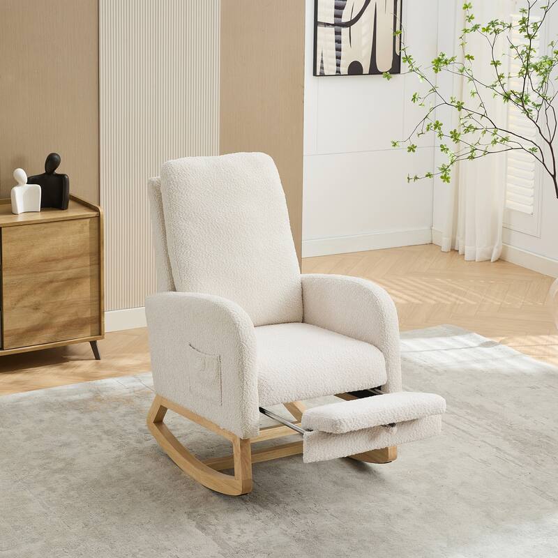 25.4"W Rocking Chair, High Back Glider Chair with Retractable Footrest, Side Pocket, Accent Armchair with Rubber Wood Legs
