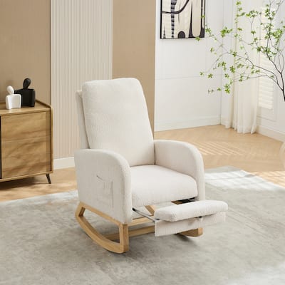 25.4"W Rocking Chair, High Back Glider Chair with Retractable Footrest, Side Pocket, Rocking Accent Armchair with Wood Legs