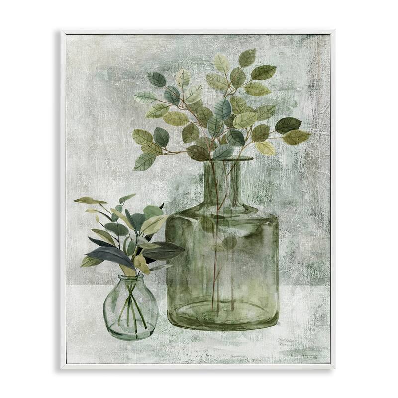 Stupell Herbal Plants Green Leaves Country Vase Rustic Painting Framed Wall Art - Off-White - 16 x 20 - White