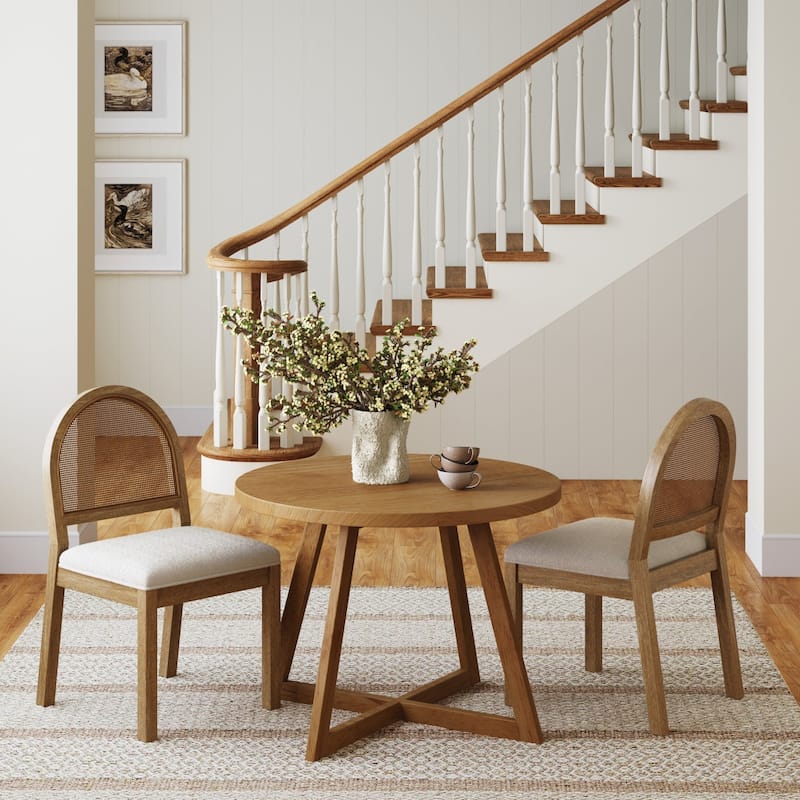 Bailey 19 in. Boucle Dining Chair, Upholstered Side Chair with Natural Woven Rattan Back and Solid Wood Legs