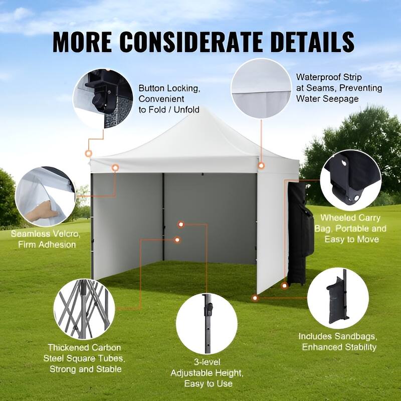 500D PU Coated Pop-Up Canopy Tent with Sidewalls and Carry Bag - 120” L x 120” W x 126” H
