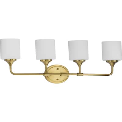 Lynzie Collection Four-Light Brushed Gold Etched Opal Glass Modern Bath Vanity Light - 33.25 in x 5.625 in x 11.125 in