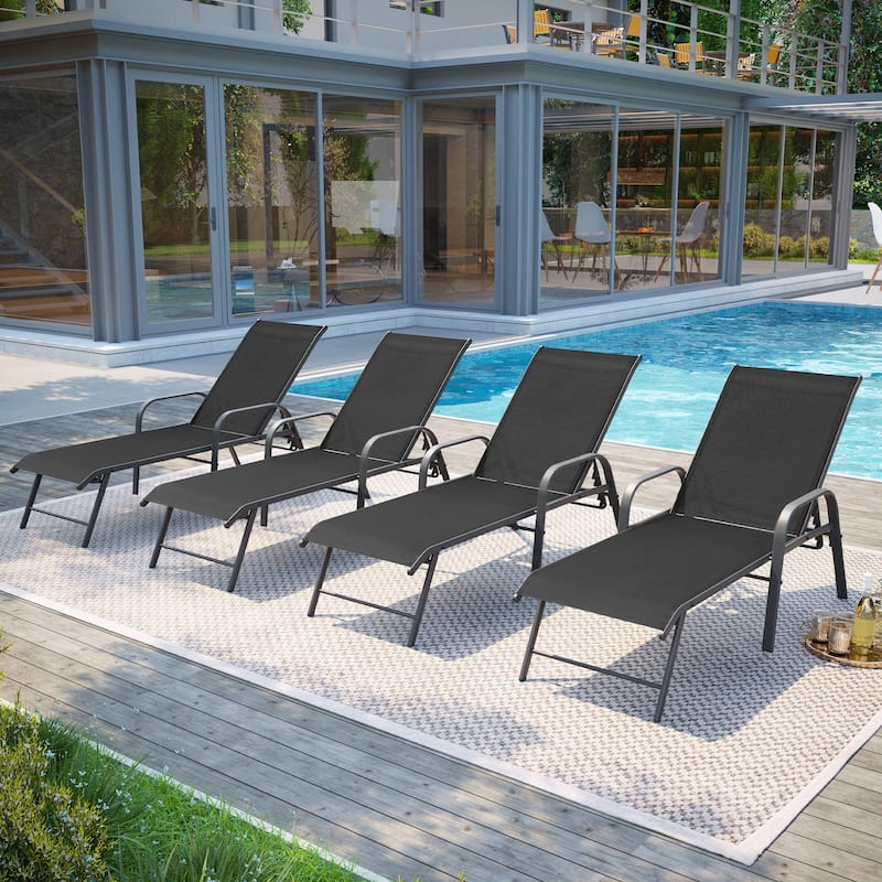 Pellebant 2/4PCS Outdoor Lounge Chair Aluminum with Adjustable Backrest - Black - Set of 4