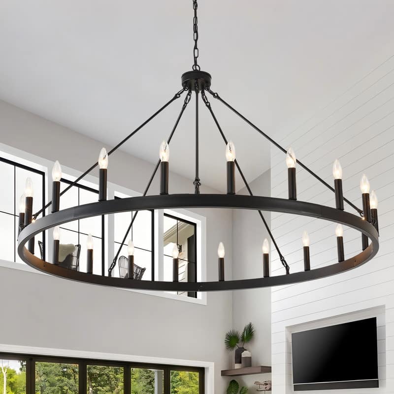 53" Large Wagon Wheel Chandelier Black Farmhouse Pendant Light Fixtures - 53in-20 Lights